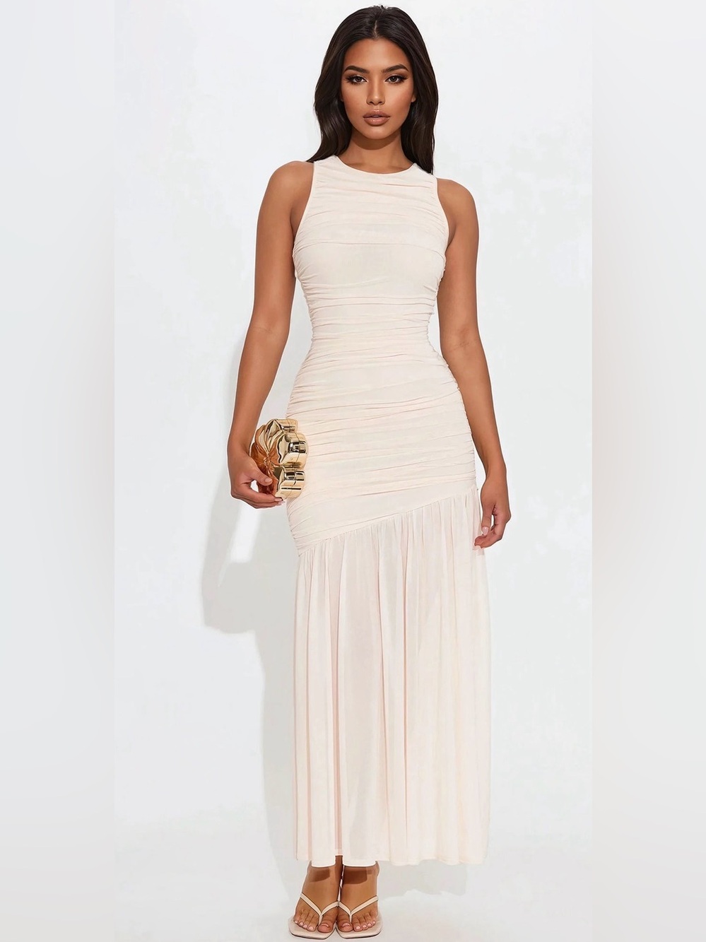 Elegant Cream Sleeveless Ruched Maxi Dress